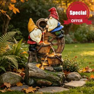 Sunlinua 3-Tier Garden Gnome Water Feature with Wooden Barrels & LED