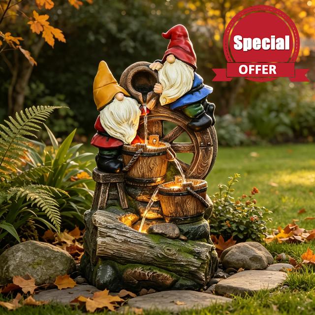 Sunlinua 3-Tier Garden Gnome Water Feature with Wooden Barrels & LED