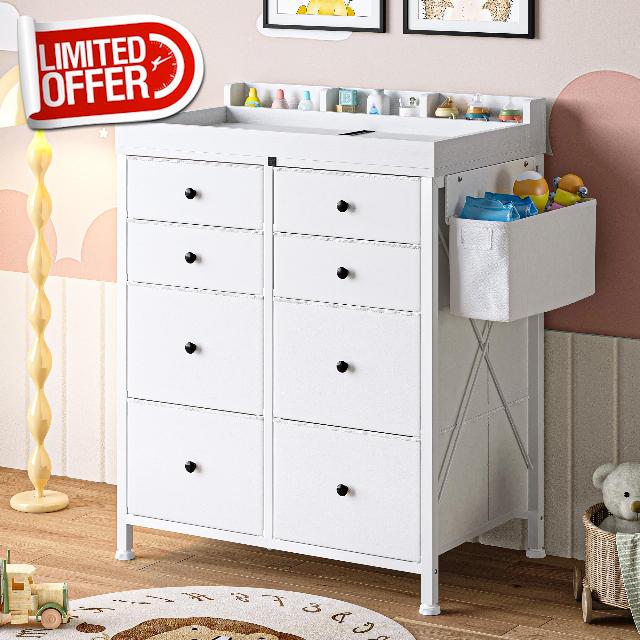 Feonase Changing Table with 8 Fabric Drawers White 80 x 50 x 95 cm