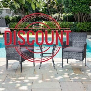 3 Pieces Rattan Bistro Set for 2 Garden Table and Chairs Grey                                                          All-weather Rattan Patio Furniture Set | Tempered Glass Table | Machine-Washable Grey Cushions | Fits Patio Balcony & Garde