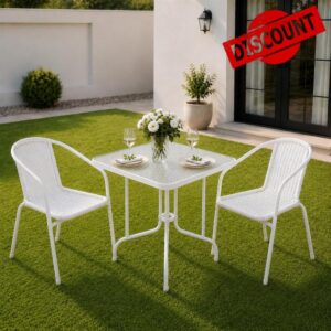 3 Piece Garden Bistro Set | Outdoor Patio Table and 2 Chairs Set | Tempered Ripple Glass Top | Powder Coated Steel Frame | Weather Resistant Balcony Furniture | White