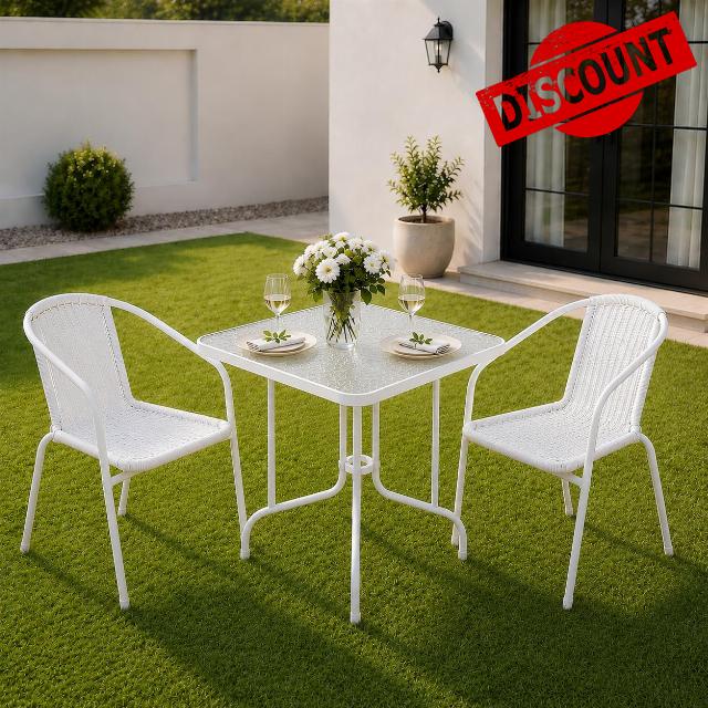 3 Piece Garden Bistro Set | Outdoor Patio Table and 2 Chairs Set | Tempered Ripple Glass Top | Powder Coated Steel Frame | Weather Resistant Balcony Furniture | White