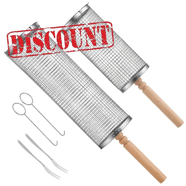 TRIXES Rotating BBQ Grilling Baskets 2-Pack - BBQ Accessories                                                          Outdoor Cooking Essential - 304 Stainless Steel – w/Removeable Wooden Handles and Accessories – Gift Idea for Foodies