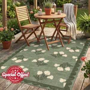 4x6 Covered Outdoor Patio Rug - Green Washable Front Porch Entry Rug Non-Slip Door Mat Indoor Outside Entrance Vintage Floral Scalloped Area Rug for Living Room Entryway Backyard Porch Deco