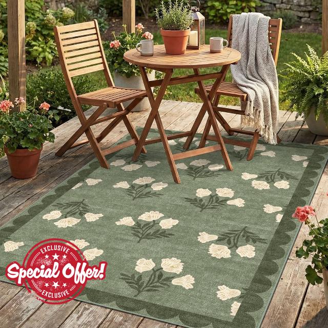 4x6 Covered Outdoor Patio Rug - Green Washable Front Porch Entry Rug Non-Slip Door Mat Indoor Outside Entrance Vintage Floral Scalloped Area Rug for Living Room Entryway Backyard Porch Deco