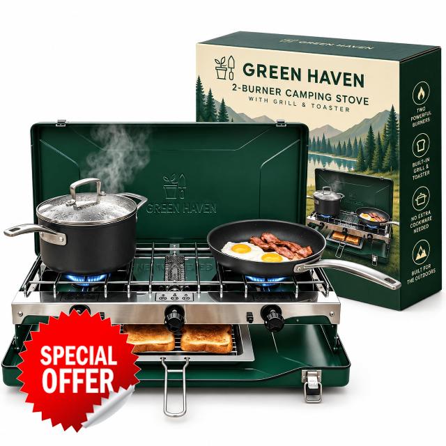 Green Haven Camping Stove | Folding Double Burner & Grill | Gas Cooker                                                          PORTABLE GAS HOB: camp cooker · outdoor bbq · festival · survival kit · briefcase stove · 2 burner · lightweigh