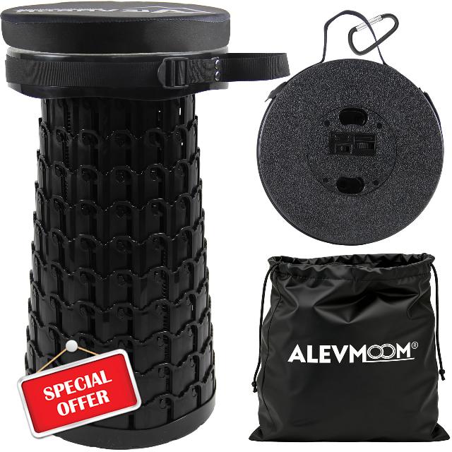 ALEVMOOM Collapsible Stool Telescopic Seat 7-47cm Adjustable Max 300kg                                                          Dual-Lock safety system · Thick cushion for comfort · Carry bag included · Ideal for camping