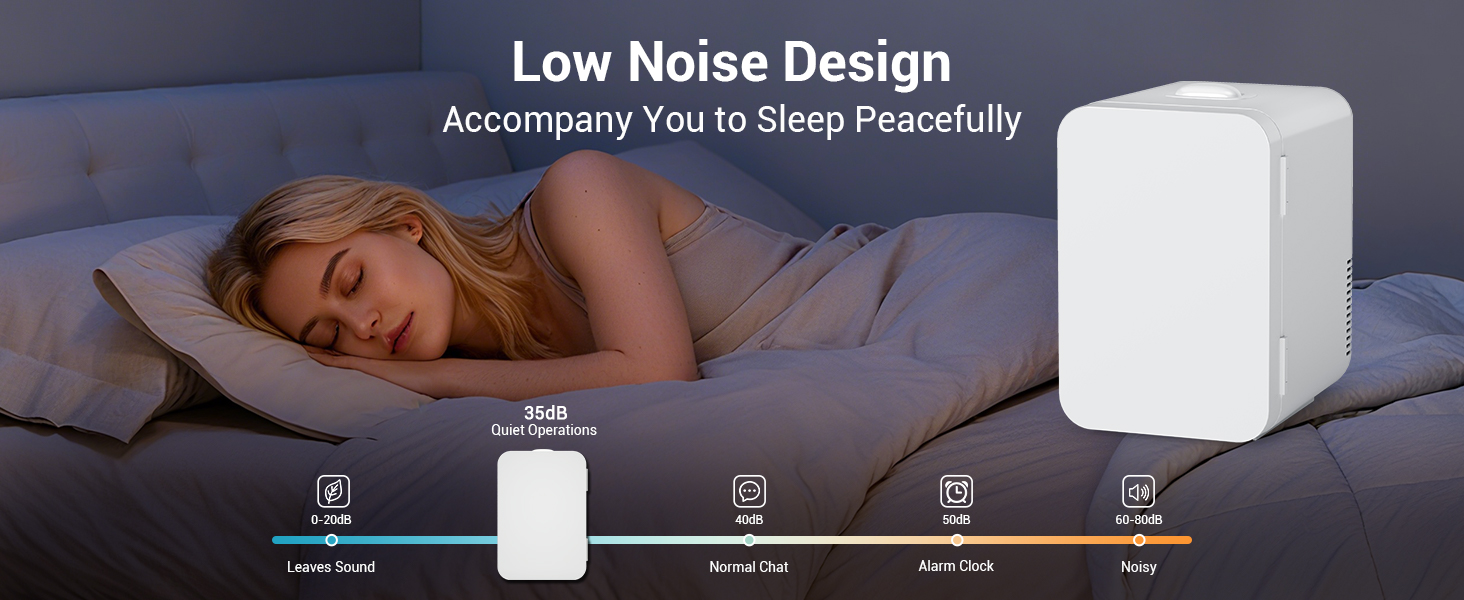 Text reads 'Low Noise Design'. White cubic air purifier or humidifier device on bed next to sleeping person. Product shown with minimal design in bedroom setting.