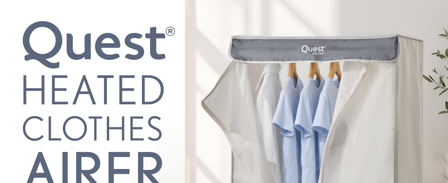 Text reads 'Quest HEATED CLOTHES AIRER'. Product shown as wall-mounted heated airer with multiple bars holding blue garments.