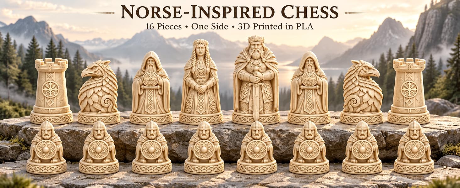 Text reads 'NORSE-INSPIRED CHESS' and 'A Home Chess Set, 32 Pieces In All'. Complete chess set featuring 32 carved wooden pieces with Viking/Norse styling, arranged in two rows displaying all pawns and back rank pieces against mountain landscape background.