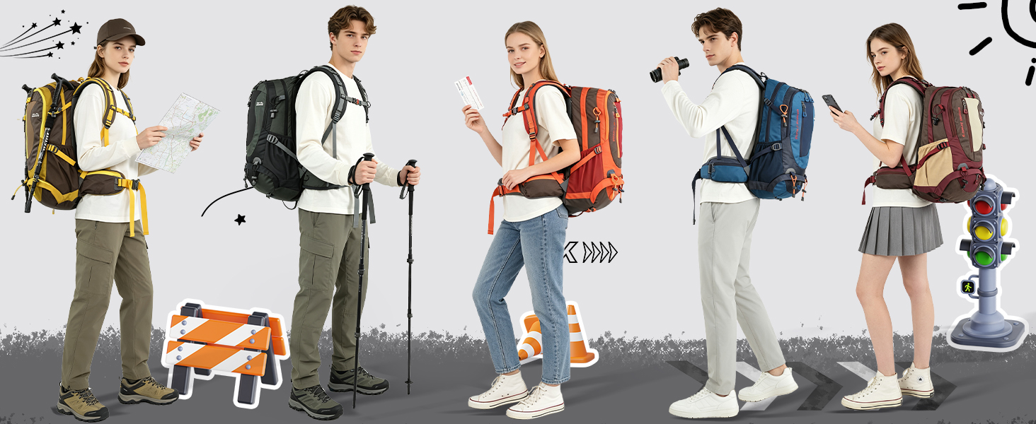 Text reads '35L Hiking Backpack' and 'POWER KING' brand logo. Black hiking backpack shown both standalone and worn by person photographing scenic mountain landscape with multiple compartments and weatherproof features.
