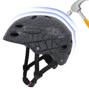 Three protective helmets in blue, red, and black colors with ventilation holes and adjustable chin straps for safety sports activities.