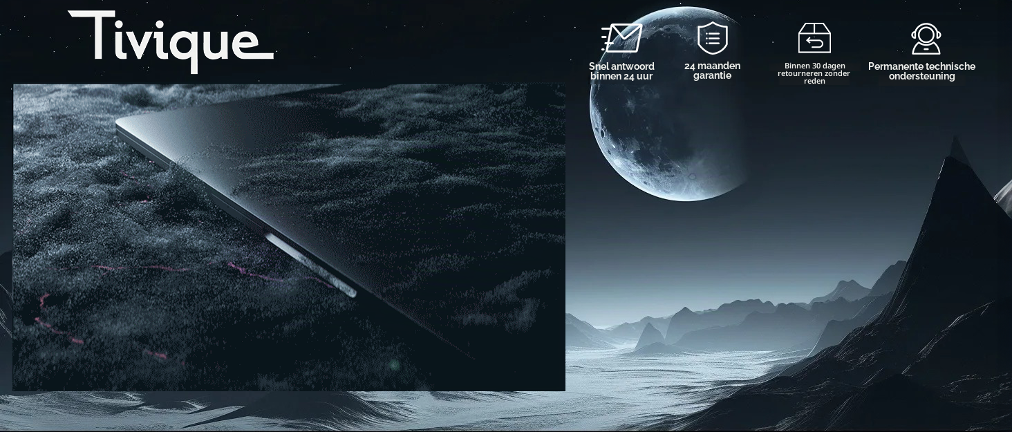 Text reads 'Tivique' with icons for delivery, shield, shopping, and warranty. Split-panel image showing nighttime forest landscape on left and moonlit mountainous terrain on right.