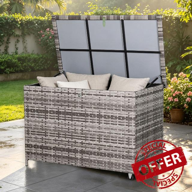 Large Garden Storage Box 480L–Waterproof Garden Storage Box with Lockable Latch&Gas Lift Lid Premium Rattan Outdoor Cushion Storage Box for Patio Furniture (Grey