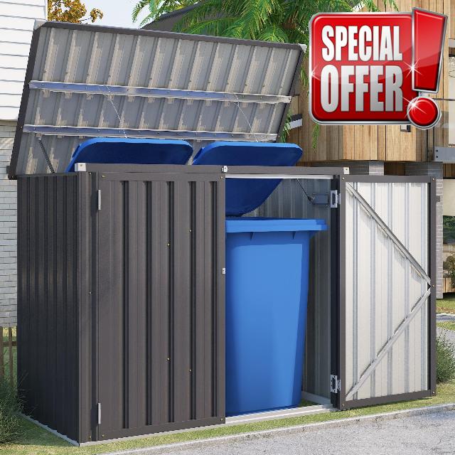 YODOLLA Outdoor Wheelie Bin Storage Shed Garden Storage Steel Grey                                                          Weather resistant steel storage shed with hydraulic lid support