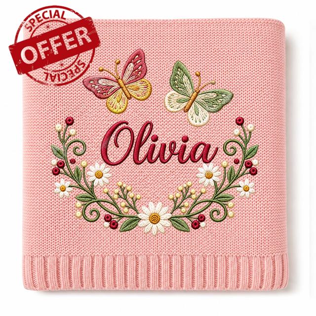 Personalized Baby Blanket with Name for Girls - Custom Embroidered Butterfly & Floral Wreath Name Blanket