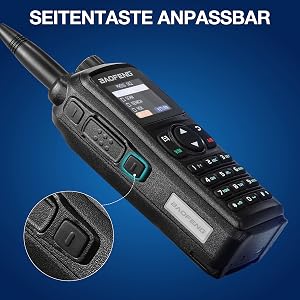 Baofeng handheld radio with 1000 channels and 10 zones. Display shows frequency 144.000 and channel CH-006. Features quick access and optimal organization.