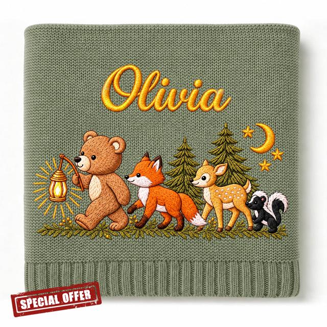 Personalized Baby Blanket with Name - Custom Embroidered Woodland Forest Animals Name Blanket