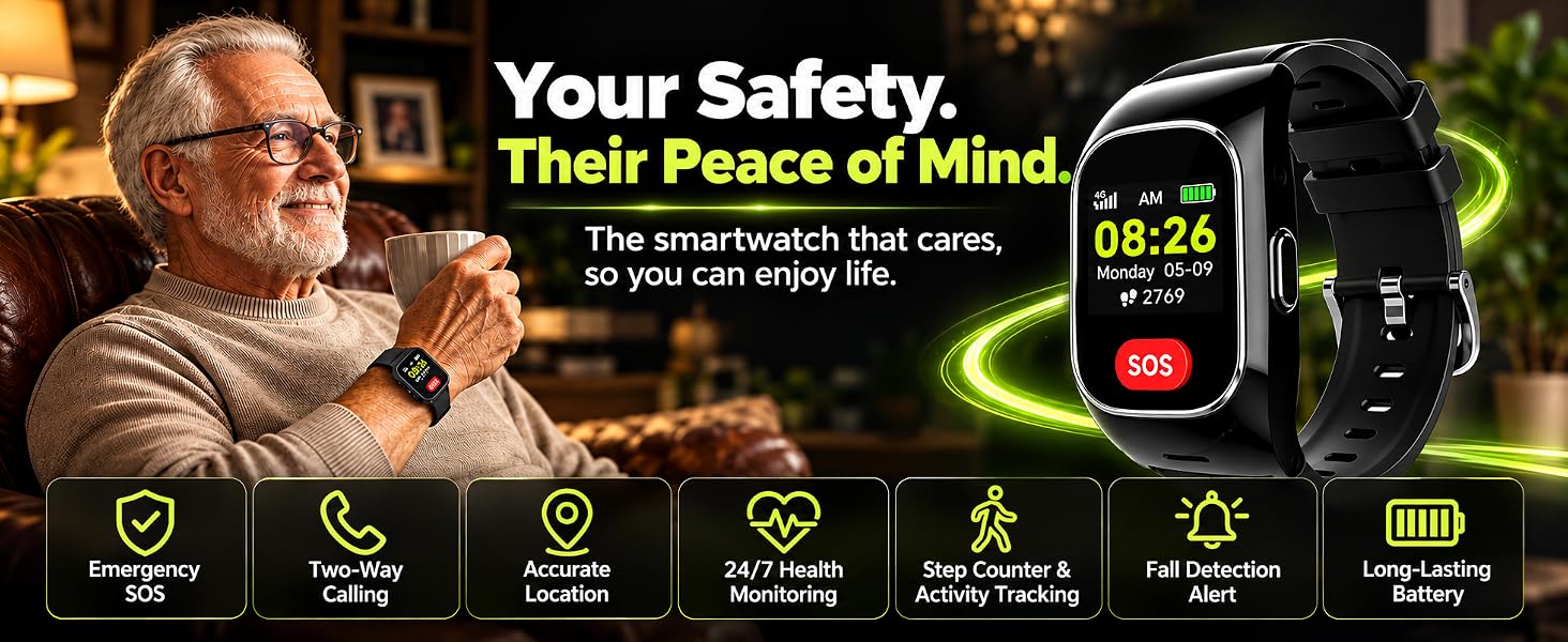 Text reads 'Your Safety. Their Peace of Mind. The smartwatch that cares. For every step they take.' Smart watch promotional image showing wearable device with safety and health monitoring features including GPS and communication capabilities.