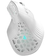 Black ergonomic gaming mouse with honeycomb ventilation design and green LED accent light on palm rest area.