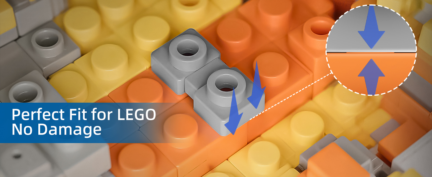 Text reads 'Perfect Fit for LEGO No Damage'. Close-up of colorful building blocks in yellow, orange, and grey with blue directional arrows overlaid.