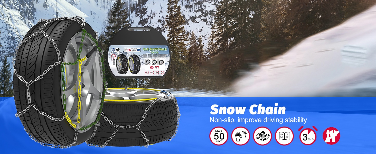 Car snow chain with metallic links displayed against a snowy road background. Product specifications are shown in icons at the bottom of the image.
