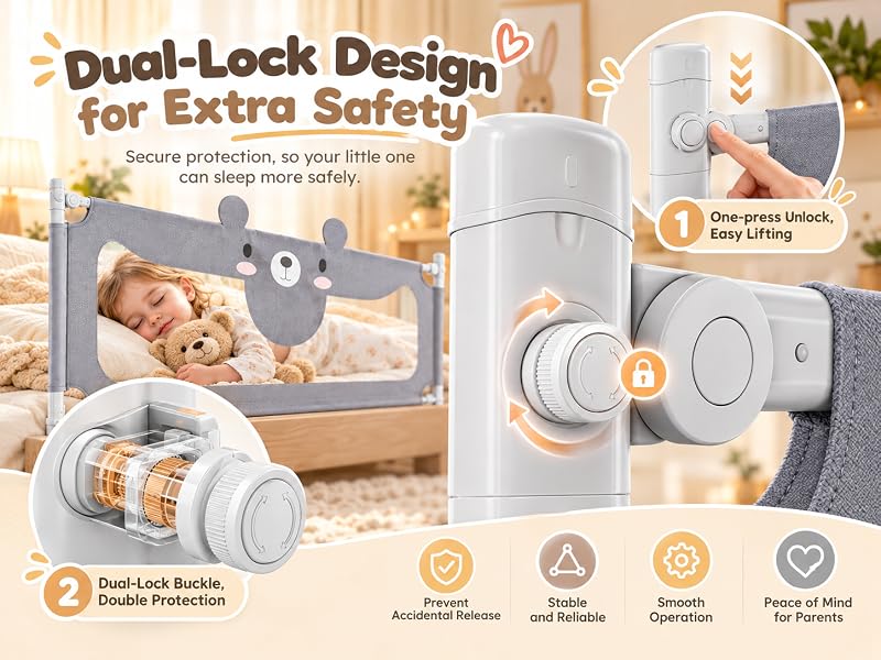 Text reads 'Dual-Lock Design for Extra Secure'. Product packaging display showing white and beige home appliance with multiple feature icons below indicating dual-lock design, secure fastening, and product benefits.