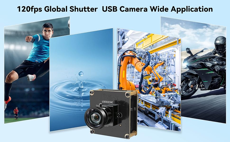 Text reads "120fps Global Shutter USB Camera Wide Application". Compact black digital camera displayed with action photography scenes including water, construction, and motorcycle applications.