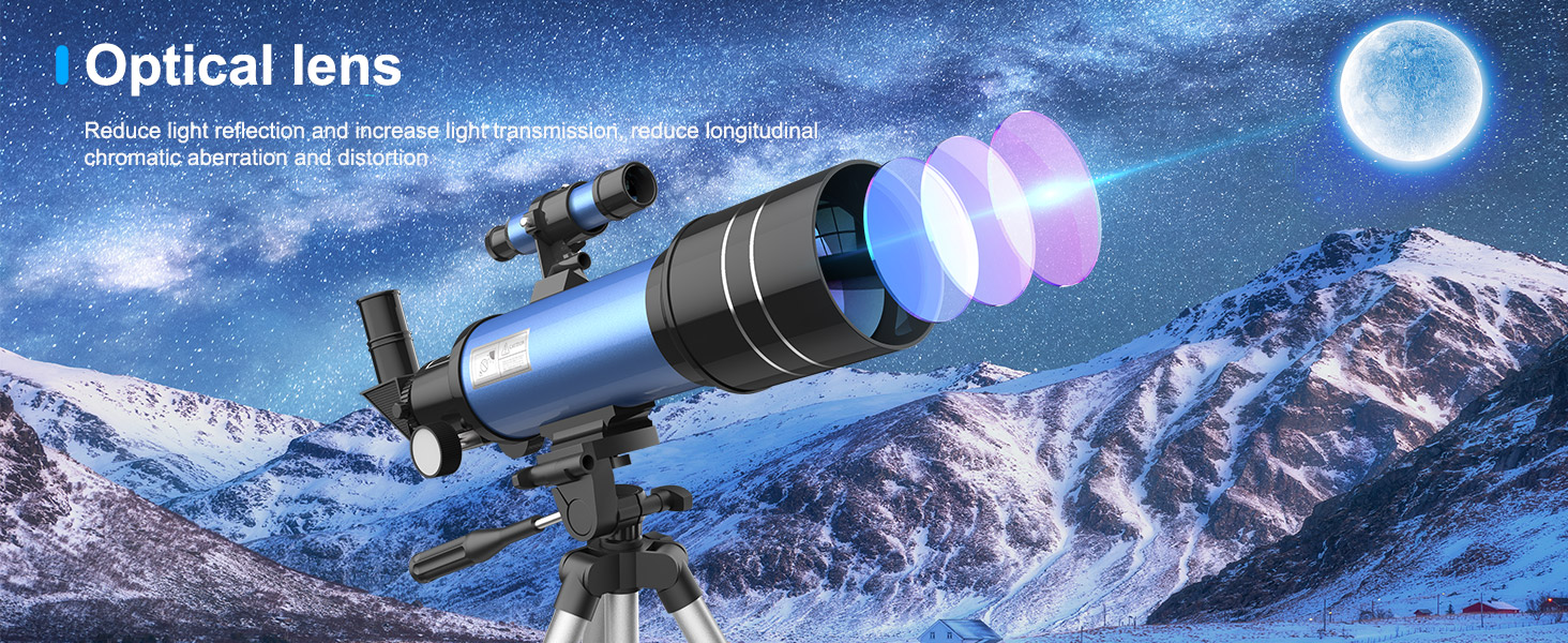 Text reads 'Optical lens'. Telescope with visible optical lens elements displayed against a mountainous landscape with moon and light beam effects.