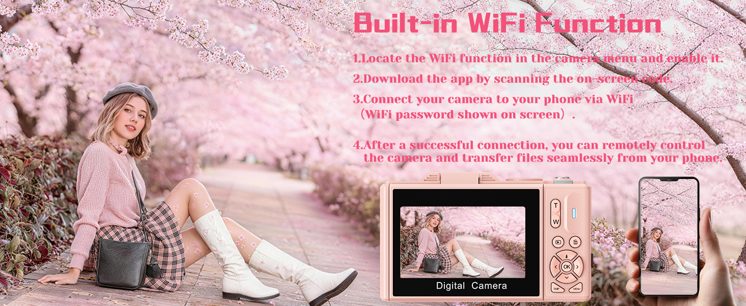 Text reads 'Built-in WiFi Function'. Multiple product photos showing a digital camera or recording device with cherry blossom background settings.