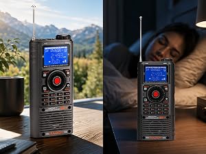 Text reads 'AM/FM/MINEN' visible on radio buttons. Hand pressing orange button labeled 'TUNED' on black radio device with illuminated orange waveform display and numbered keypad buttons.