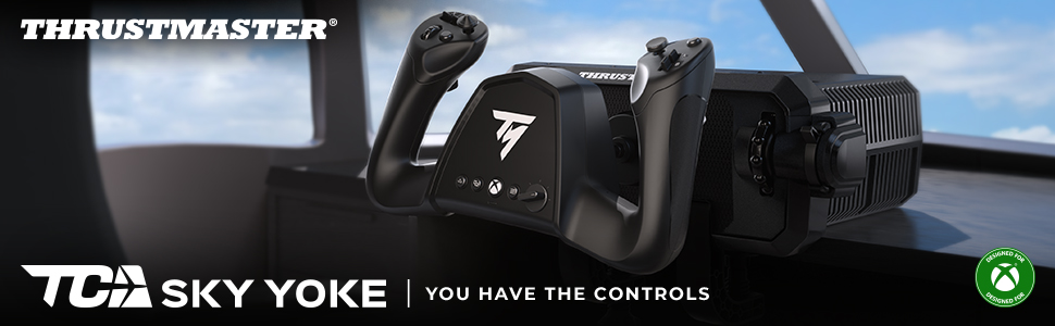 Text reads 'THRUSTMASTER' and 'TCA SKY YOKE' with 'YOU HAVE THE CONTROLS' tagline. Flight control yoke with black handles, textured grips, and integrated button panel on blue Xbox controller background.