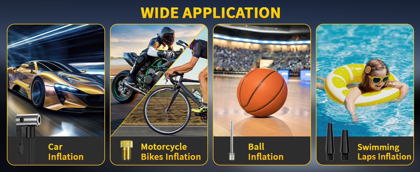 Composite product showcase featuring multiple views of vehicle accessories including dashboard camera, handlebar-mounted device, tire gauge, control interface, and various mounting components displayed across multiple angled panels.