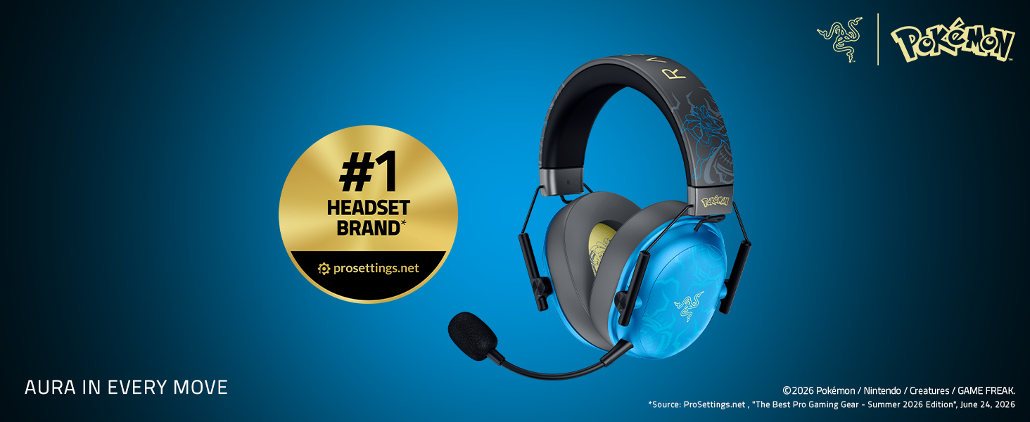 Text reads "#1 GAMING BRAND. AUDIO IS EVERY MOVE." Blue gaming headset with microphone boom, labeled as top gaming brand, displayed against dark blue background with Pokémon branding.
