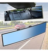 Panoramic car rearview mirror with wide-angle reflection showing vehicle interior and highway traffic behind. Lower panel shows blank white reflective surface for comparison.