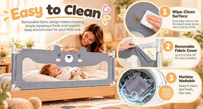 Text reads 'Easy Installation', 'No-drill', 'Fold-out Dryer'. Bed safety rail product demonstration showing couple installing bedrail, with close-up detail of screw fixing mechanism and diagonal installation angle.