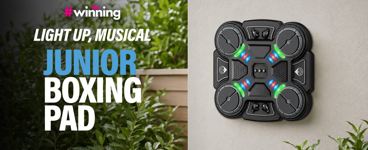 Text reads 'LIGHT UP, MUSICAL!' and 'JUNIOR BOXING PAD' with 'winning' branding. Black square electronic boxing pad with illuminated buttons displayed against outdoor green background.