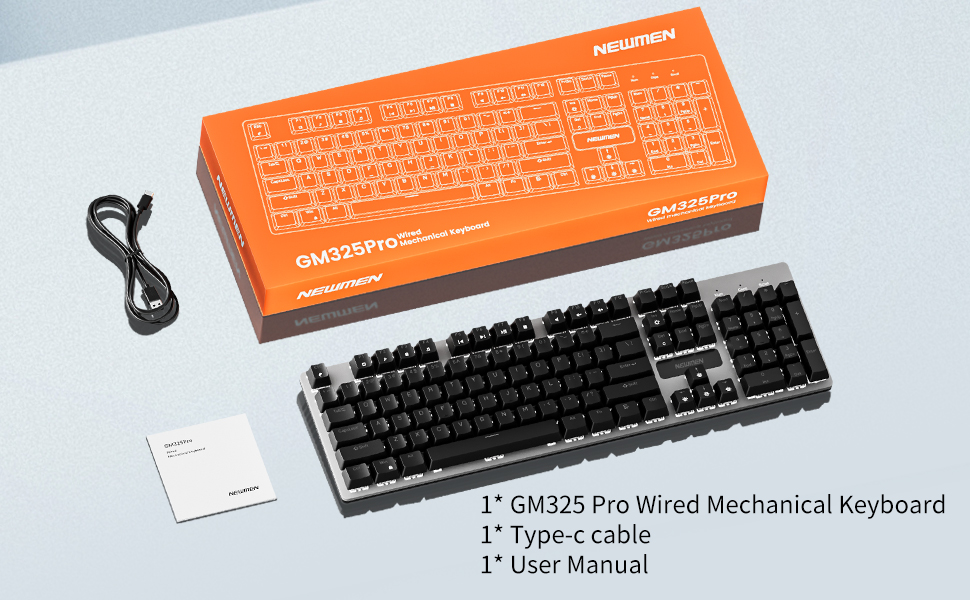 Text reads "1" DM235 Pro Wired Mechanical Keyboard", "1" Type-C cable", "1" User Manual". Orange mechanical keyboard with black keycaps, USB cable, and documentation shown.
