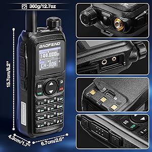 Baofeng handheld radio with digital display, keypad, and antenna. Features include 360g weight, multiple ports, and removable battery. Dimensions: 15.7cm x 6.7cm x 4.3cm.