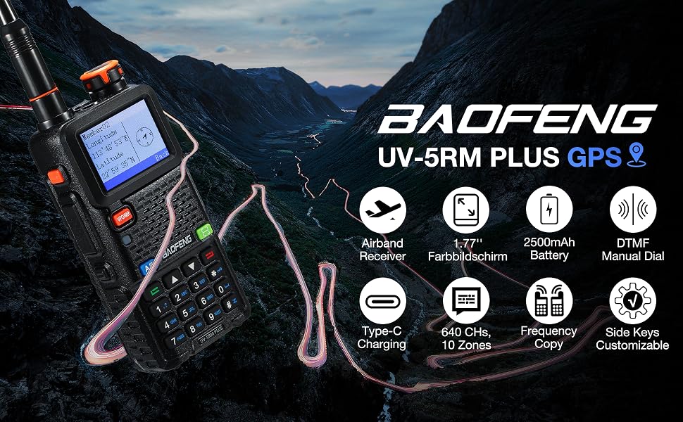 Baofeng UV-5RM Plus GPS handheld radio with large display, shown against mountainous backdrop. Features include GPS, flashlight, 2500mAh battery, DTMF, Type-C charging, and side keys.