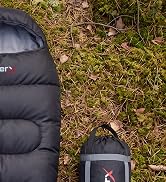 Text reads 'Mev'. Close-up of dark navy padded jacket fabric against outdoor forest floor with grass and soil visible.