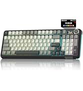 Mechanical keyboard with beige and brown keycaps, featuring a digital display showing time 14:30:30 in top-right corner. Full-size layout with function keys and numeric pad visible.