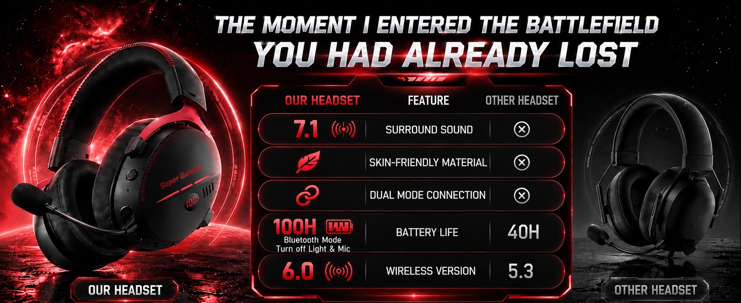 Text reads "THE MOMENT I ENTERED THE BATTLEFIELD YOU HAD ALREADY LOST" and "OUR HEADSET" and "OTHER HEADSET". Gaming headset comparison showing red-lit headphones on left with specifications (7.1, 60, etc.) versus black headphones on right. Promotional product advertisement.