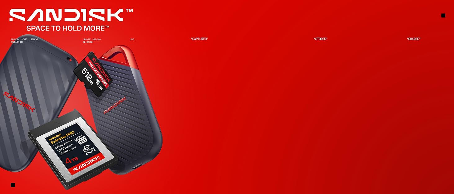 Text reads 'SANDISK'. Red background with SanDisk brand portable storage device displayed with black ribbed carrying case and memory card.