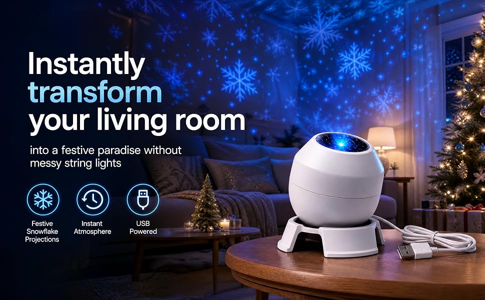 Text reads 'Instantly transform your living room' and product features with icons for smart control, voice activation, and timing functions. White spherical smart lighting device projecting blue snowflake patterns on living room wall.