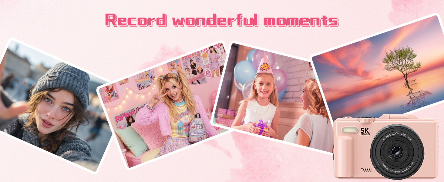 Text reads 'Record wonderful moments'. Collection of instant photos showing outdoor scenes and moments against pink gradient background with camera icon.