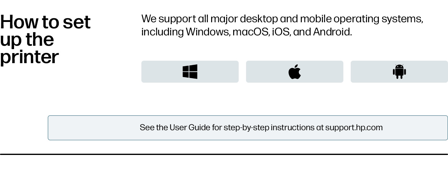 Text reads 'How to set up the printer' and 'We support all major desktop and mobile operating systems including windows, mac, iOS and Android.' Setup guide showing black and white printer icons with support information.