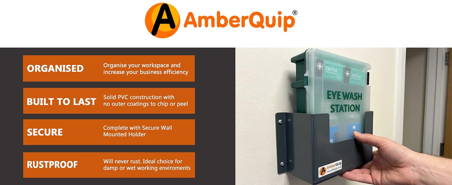 Text reads 'AmberQuip' with orange branding. Information boxes show 'ORGANISED', 'BUILT TO LAST', 'SECURE', 'DUSTPROOF' with product details and specifications in orange and black.
