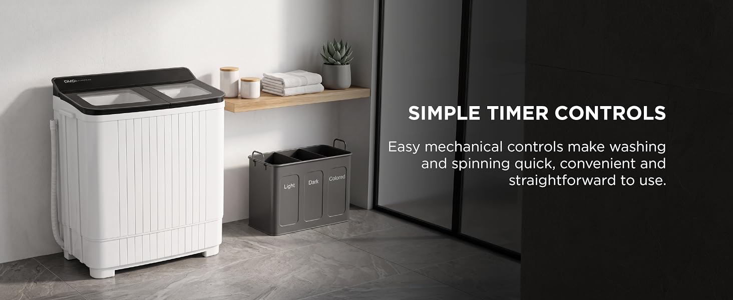Text reads 'SIMPLE TIMER CONTROLS Easy to set. Short up to easily make changes. Simple design and straightforward to use.' White washing machine in laundry room with control panel detail.