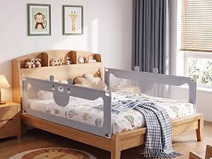 Text reads "Thoughtful Details" and "Easy Comfort". Product diagram showing bed rail with multiple feature callouts including safety features, easy installation, and comfort elements for sleeping arrangement.